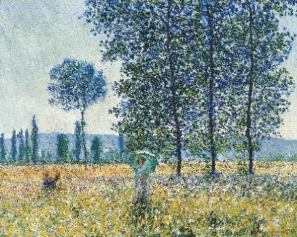 Impressionistische Landschaft mit Wiese, hohen Bäumen und einer Person mit Sonnenschirm im Feld.